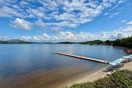 View of the Lodge on Loch Lomond private beach and pier, enjoyed by guests at the Body Flows Scotland Retreat