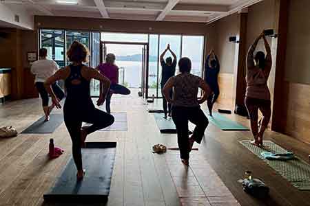 Yoga class in Scotland at Lodge on Loch Lomond with teacher Sally Mitchell